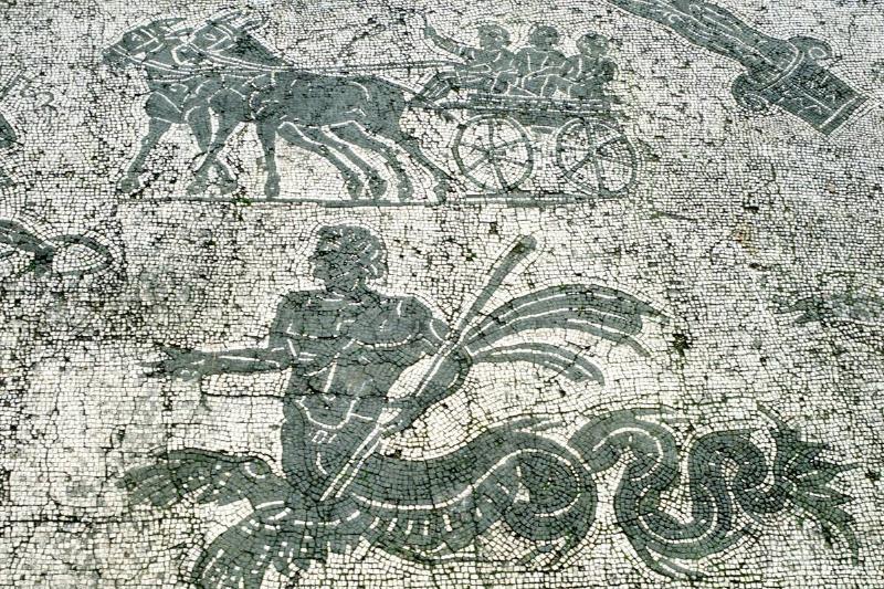 Mosaic, Carts pulled by mules with travellers, Cisarii. c1st Century AD Mosaic, Carts pulled by mules with travellers, Cisarii. c1st Century AD