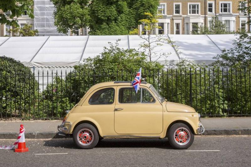 A Stationary Beige Fiat 500 With Union Jack Flag London A Stationary Beige Fiat 500 With Union Jack Flag London