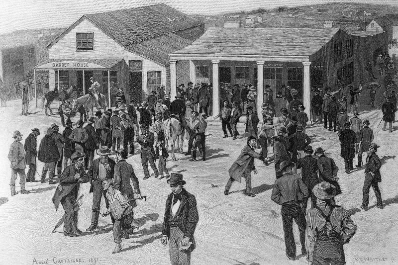 Gold rush California 1848-1854: San Francisco in its bonanza period . Gold diggers queue in front of the post office. 1849woodcut of A. Gastaigne, 1891 Gold rush California 1848-1854: San Francisco in its bonanza period . Gold diggers queue in front of the post office. 1849woodcut of A. Gastaigne, 1891