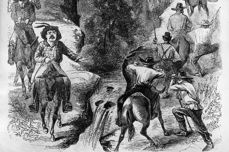 Gold rush California 1848-1854: Gold diggers on their way to new digging grounds crossing a ravine. about 1850wood engraving, 19th cent. Gold rush California 1848-1854: Gold diggers on their way to new digging grounds crossing a ravine. about 1850wood engraving, 19th cent.