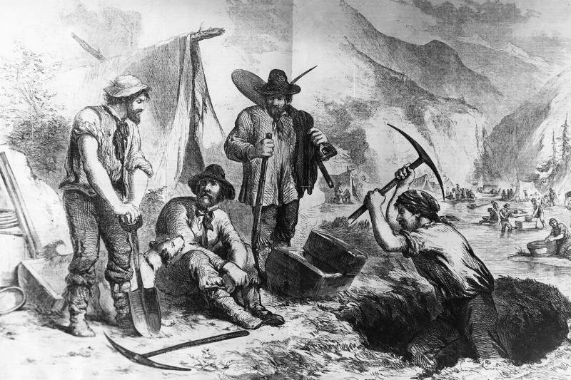Gold rush California 1848-1854: Gold digging and washing in a riverbed about 1850contemp wood engraving Gold rush California 1848-1854: Gold digging and washing in a riverbed about 1850contemp wood engraving