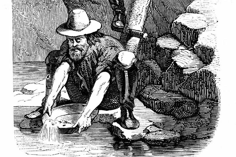 Miners panning for gold during the Californian Gold Rush. Wood engraving published Paris 1849. Miners panning for gold during the Californian Gold Rush. Wood engraving published Paris 1849.