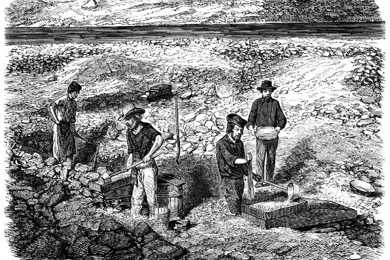 Miners washing for gold using cradles and pans: Californian gold fields. Wood engraving published Paris, 1849, the yeasr of the great Californian Gold Rush. Miners washing for gold using cradles and pans: Californian gold fields. Wood engraving published Paris, 1849, the yeasr of the great Californian Gold Rush.