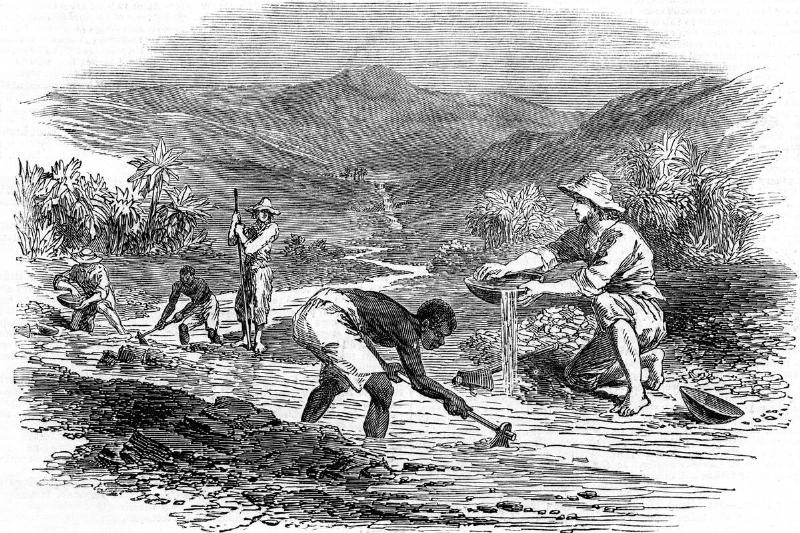 Panning for gold during the Californian Gold Rush of 1849. From The Illustrated London News 6 January 1849. Wood engraving... Panning for gold during the Californian Gold Rush of 1849. From The Illustrated London News 6 January 1849. Wood engraving...