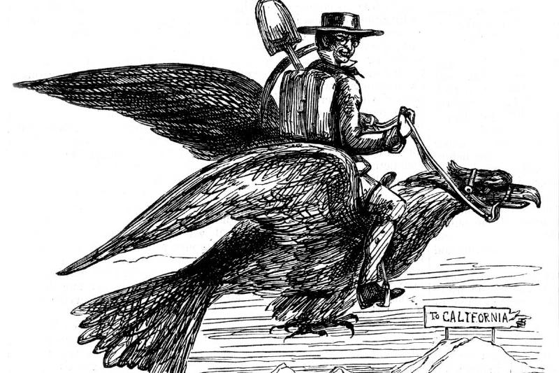 The Californian Balloon Railway, a novel way of travelling to the Californian Gold Rush. Cartoon from Punch London 1849. Wood engraving. The Californian Balloon Railway, a novel way of travelling to the Californian Gold Rush. Cartoon from Punch London 1849. Wood engraving.
