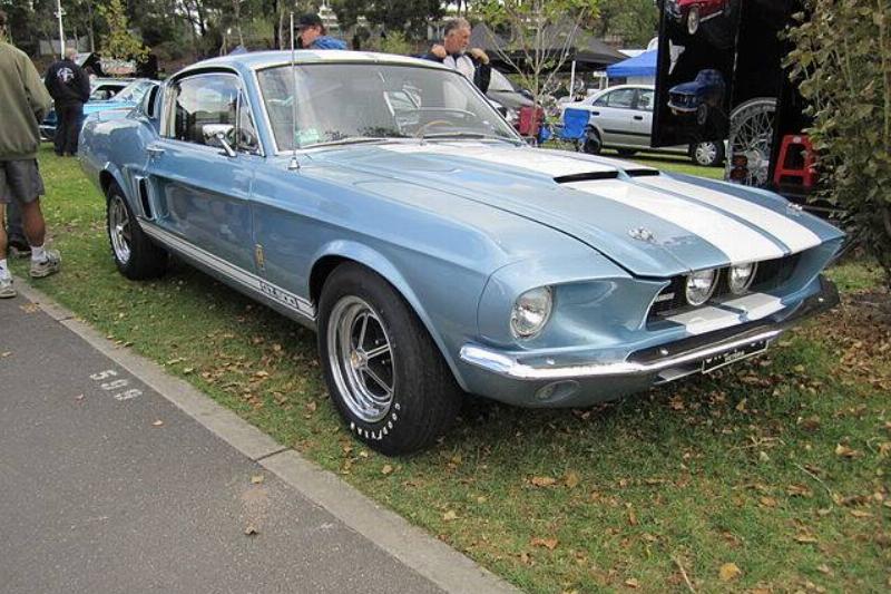 Shelby Mustang GT500 parked in a grassy area next to a road