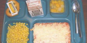 School cafeteria pizza day, circa 1985.