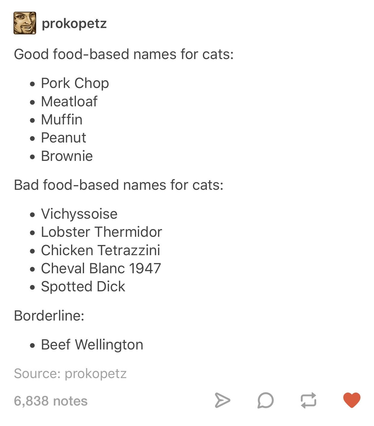 Food-based names for cats.
