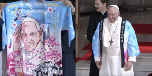 The popes new anime jacket for his visit to Japan. #deletethevatican