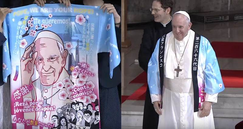 The popes new anime jacket for his visit to Japan. #deletethevatican