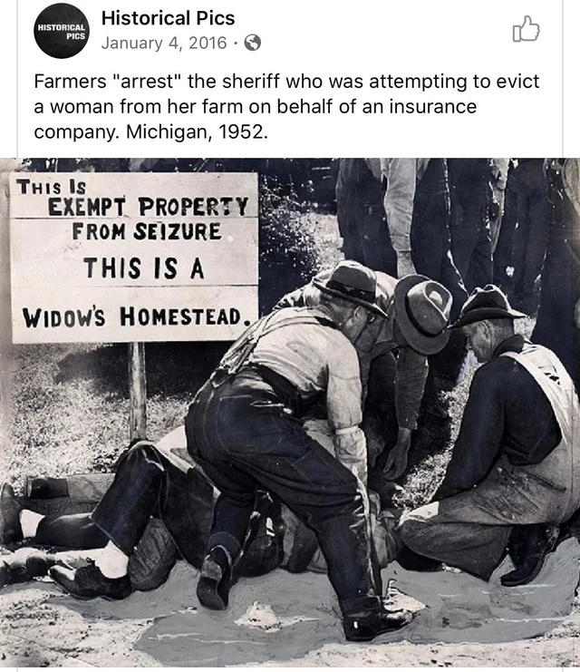 Farmers defending a widows home from an insurance company, circa 1952