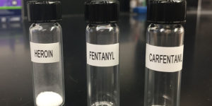Deadly doses of heroin, fentanyl,  carfentanil and COVID-19 side by side.