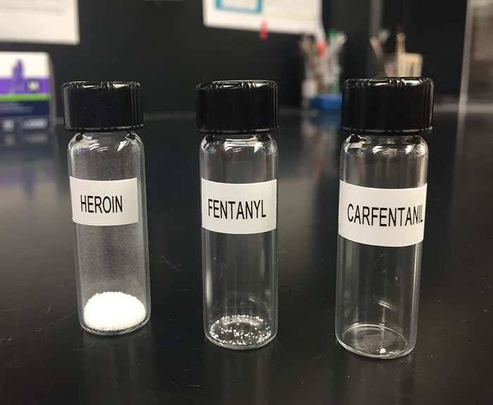 Deadly doses of heroin, fentanyl,  carfentanil and COVID-19 side by side.