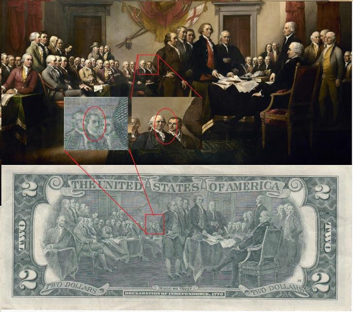 On the back of the $2 bill, there's a person that isn't on the original painting.