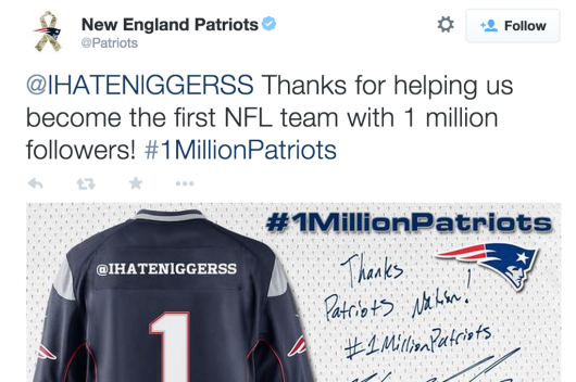 The Patriots set up an automatic tweet to go out at 1 million followers. #neverforget