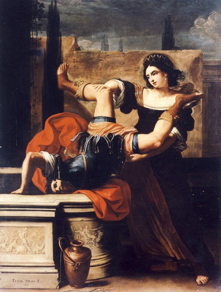 Timoclea pushing the captain who raped her into a well circa 1659