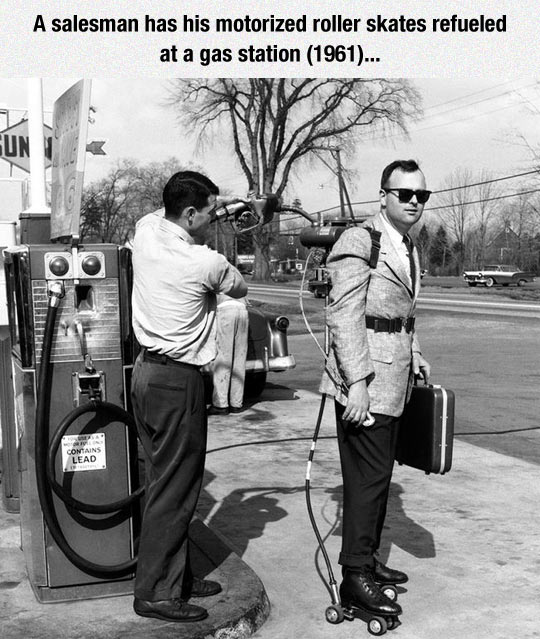 A salesman and his motorized roller skates.