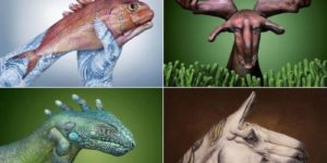 Hands painted as animals.