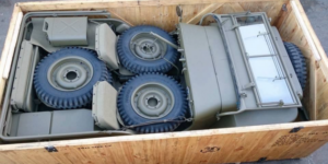 Jeep packed in a crate for shipping to the front lines of WWII. 1944