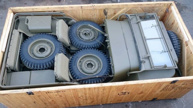 Jeep packed in a crate for shipping to the front lines of WWII. 1944