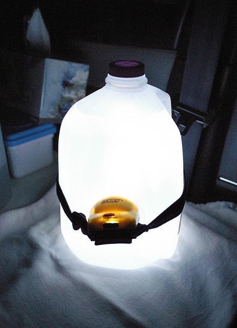 While camping strap a head lamp to a gallon jug of water to fill the entire tent with ambient light.