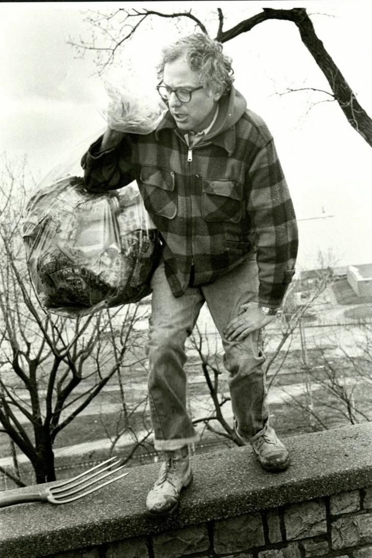 Burlington Mayor Bernie Sanders picks up trash on his own in a public park after being elected in 1981, his first electoral victory