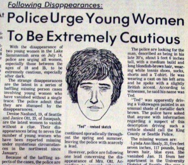 A newspaper clipping from 1974 warning young women about Ted Bundy