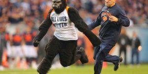 A guy wearing a gorilla suit and an All Lives Matter t-shirt ran on the field during the Bears vs. Lions NFL game.