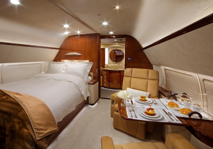 Luxury bedroom for one inside a private jet.