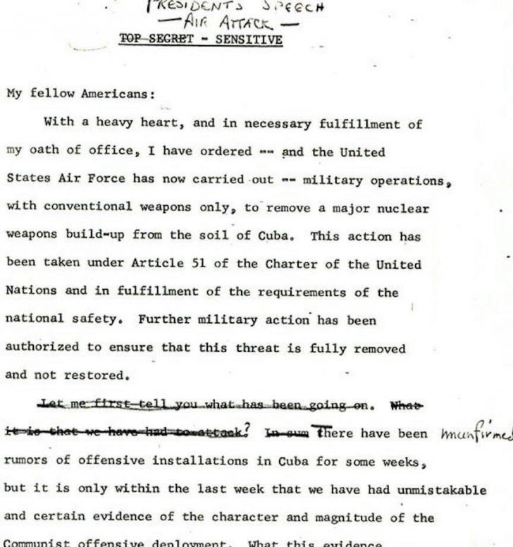 Draft of JFK TV speech in case he decided to attack Soviet missile sites & invade Cuba.