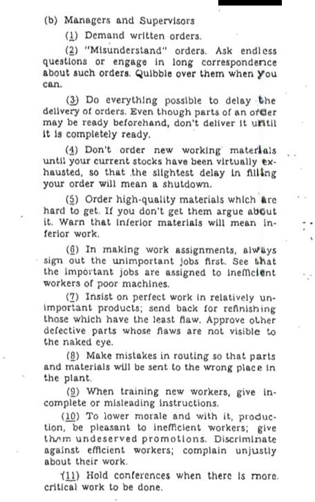 Excerpt from the declassified 'Simple Sabotage Field Manual' from 1944 illustrates how to disrupt, delay, and interfere with organizations and the delivery of projects