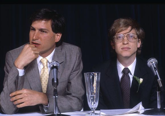 A young Bill Gates with Steve Jobs, 1985