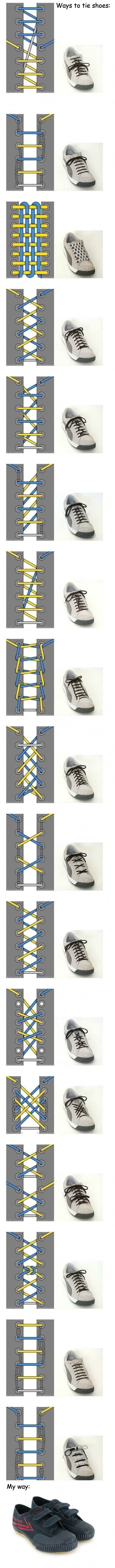 Several ways to tie shoes.
