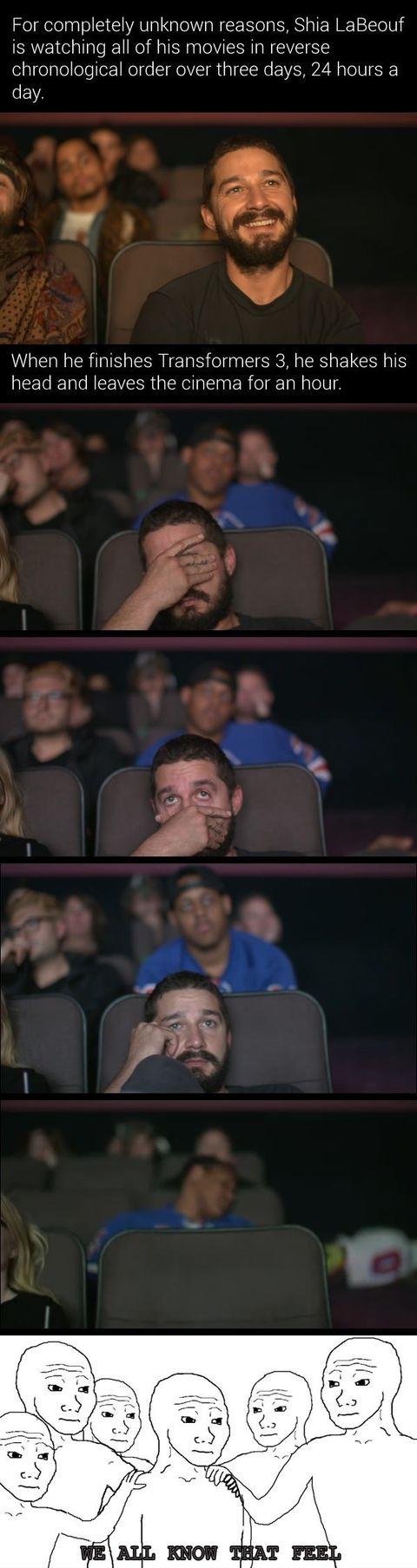 Shia LaBeouf face palmed so hard while watching the Transformers