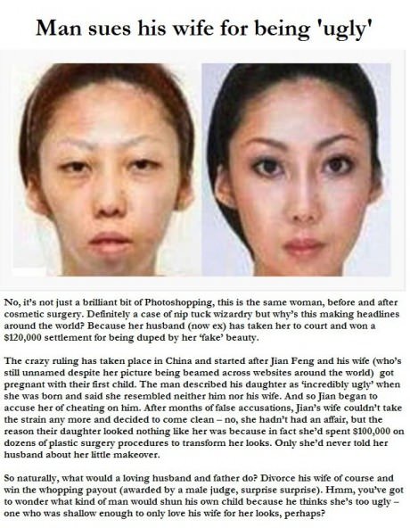 Man sues his wife for being ugly... and won?