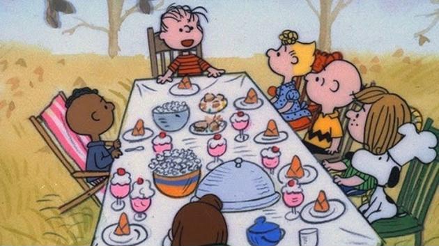 Charlie Brown had Franklin sitting alone on his own side of the table for Thanksgiving in a lawn chair.