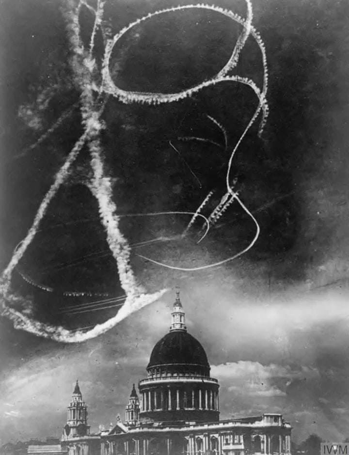 Dogfighting over the Saint Paul's cathedral during the London Blitz circa 1940