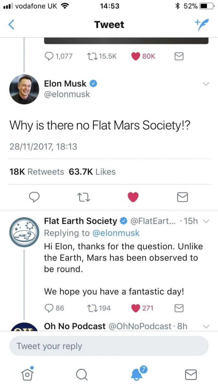 Elon Musk gets owned by Flat Earth Society