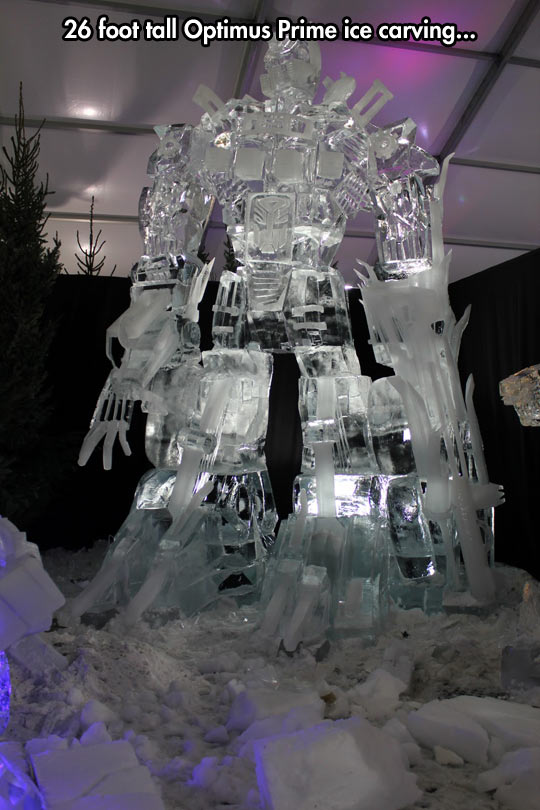 26 foot tall Optimus Prime ice carving.
