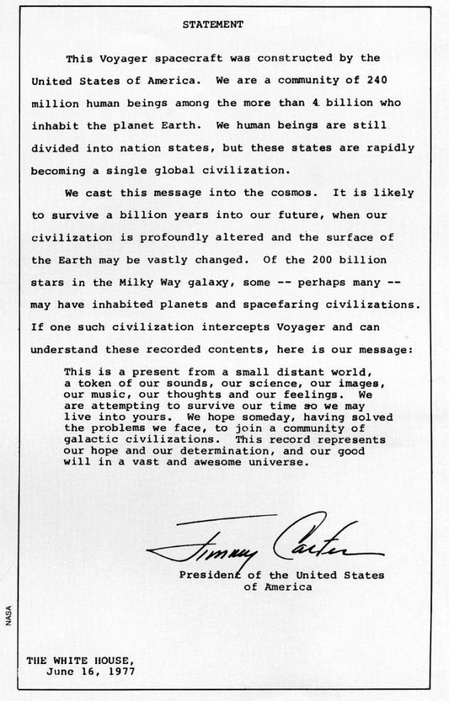 Jimmy Carter’s note placed on the Voyager spacecraft from 1977