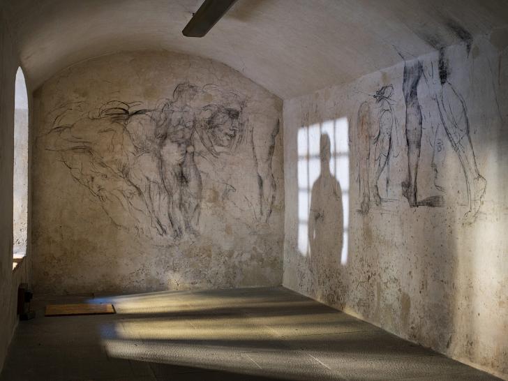 Sketches in a secret room under a chapel, done by Michelangelo while hiding from the Pope.