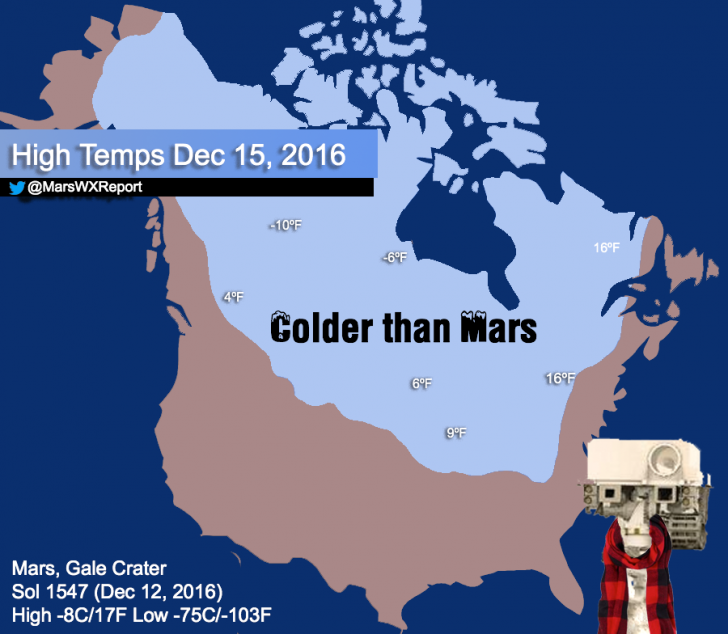 Much of Canada and the upper midwest forecasted to be colder than Mars today