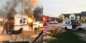 A USPS truck caught fire and the postal worker rushed to save all of the packages from catching fire.