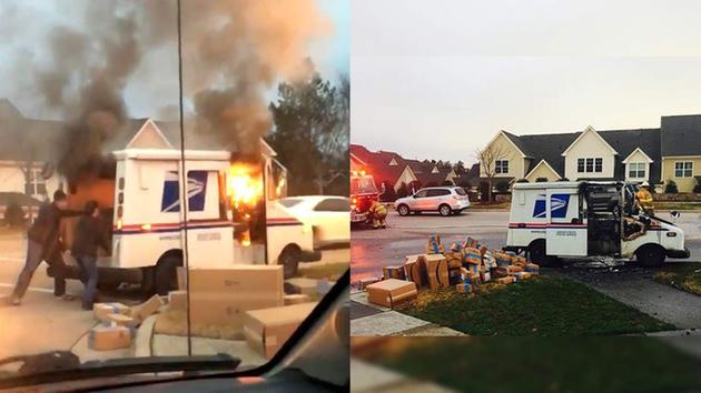 A USPS truck caught fire and the postal worker rushed to save all of the packages from catching fire.