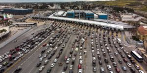 Drone shot of the Chick-Fil-A drive-thru.