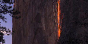 Every February, the sun hits the water just right at Yosemite National Park’s Horsetail Falls, making the waterfall look like it’s a river of fire.