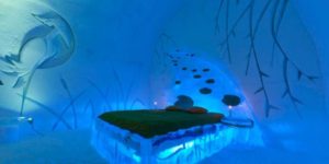 Hotel de Glace. This 45 custom room hotel in Quebec is made out of 100% ice and snow. Every winter the hotel is completely redesigned and rebuilt.