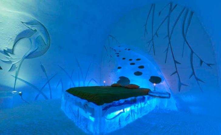Hotel de Glace. This 45 custom room hotel in Quebec is made out of 100% ice and snow. Every winter the hotel is completely redesigned and rebuilt.