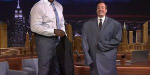 Jimmy Fallon wearing Shaq’s jacket.