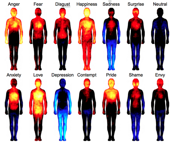 People feel sensations in different parts of their bodies when they experience emotions